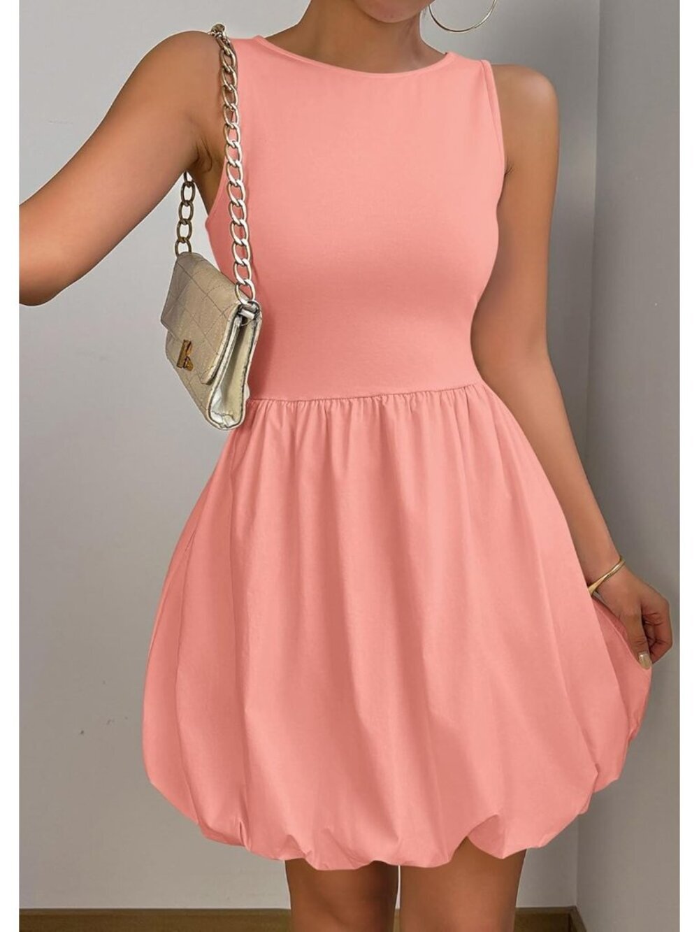 〽️Women's Pink Casual Sleeveless Tank Crew Neck Short Cocktail Mini Dress - Picture 6 of 6
